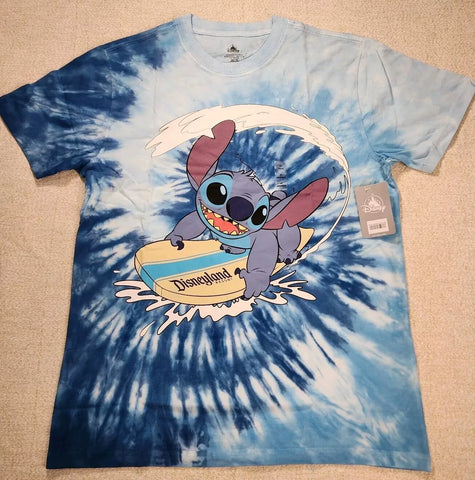 Lilo and Stitch Disneyland Resort Tie Dye Blue Mens M Stitch Surfing